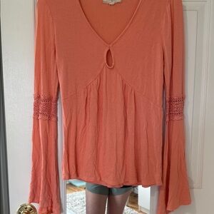 Coral Long Sleeve Blouse with Crochet Detail